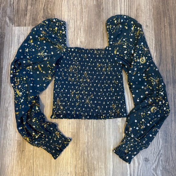 Urban Outfitters Smocked Y2K Crop Top Teal Celestial Print Puff Sleeve XS - Picture 8 of 8